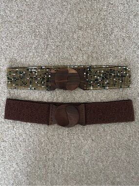 Vintage Beaded Multicolor and Brown Stretch Belt with Wooden Buckle lot